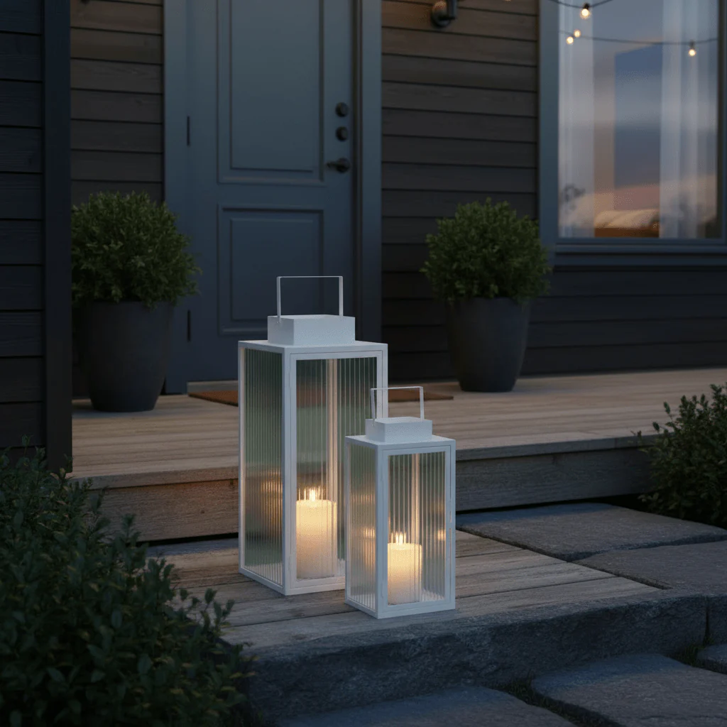2-pk Lykt hvit metall stripet glass - Image 3