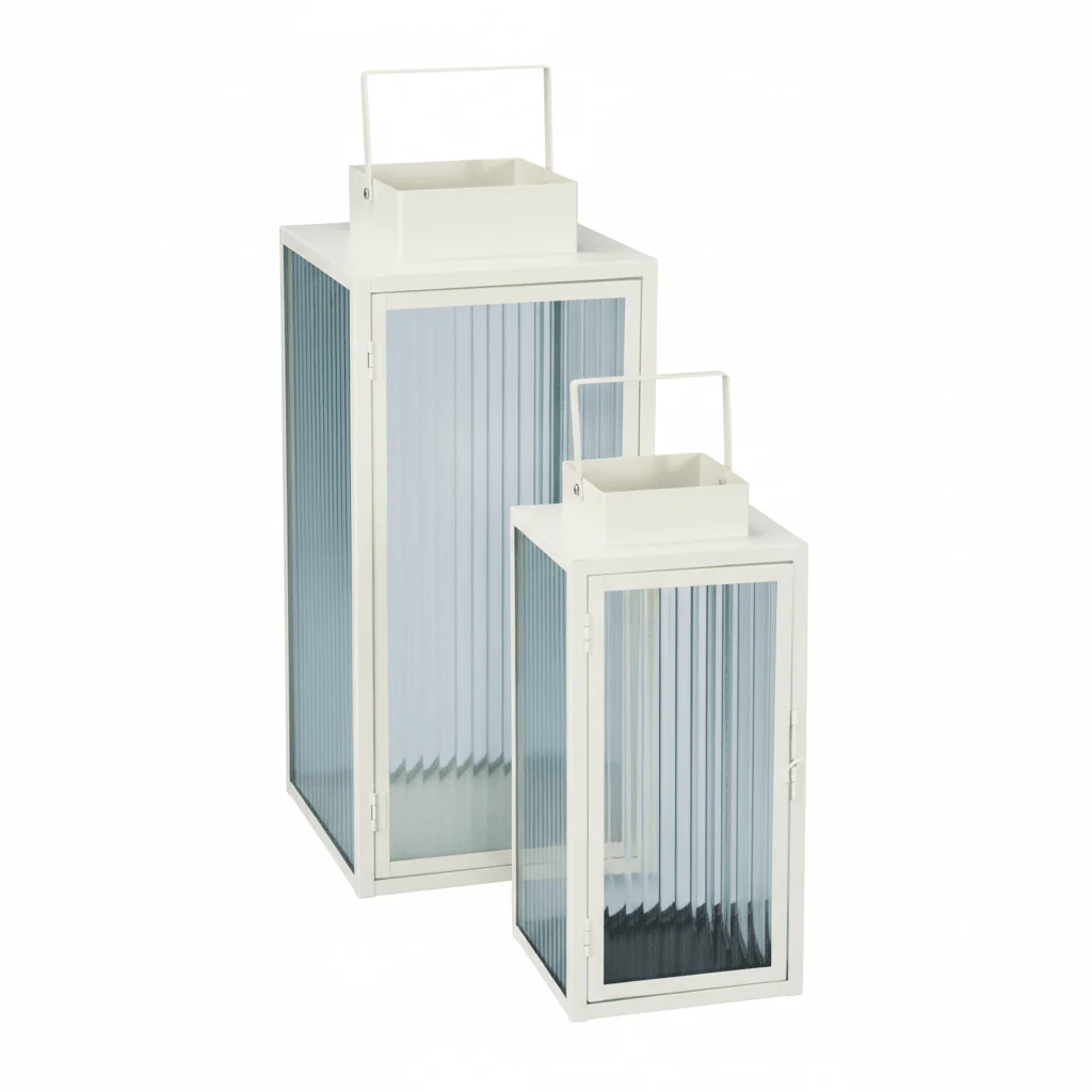 2-pk Lykt hvit metall stripet glass - Image 7
