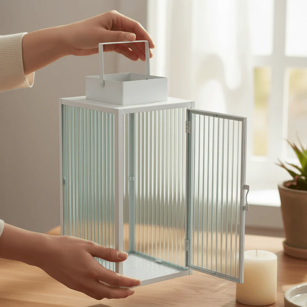 2-pk Lykt hvit metall stripet glass - Image 8