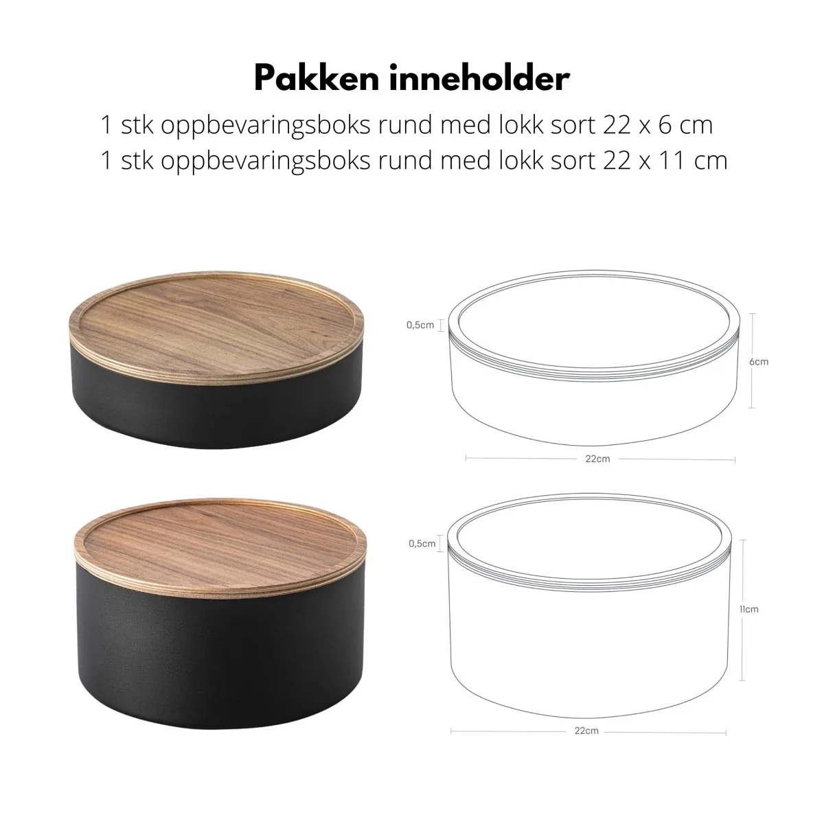 2-pk oppbevaringsbokser rund med lokk sort - Image 2