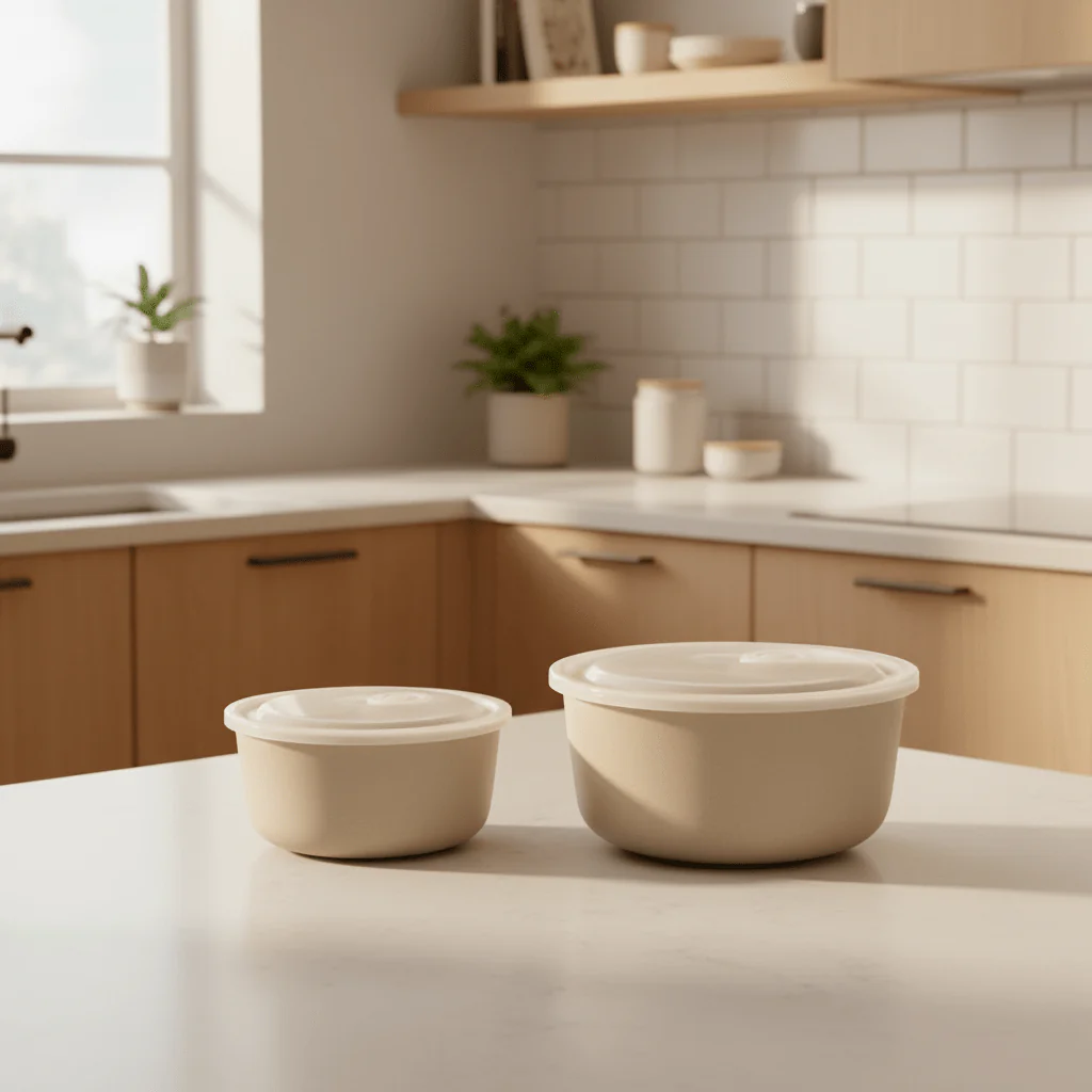 2-pk Porselenskål med lokk og ventil beige