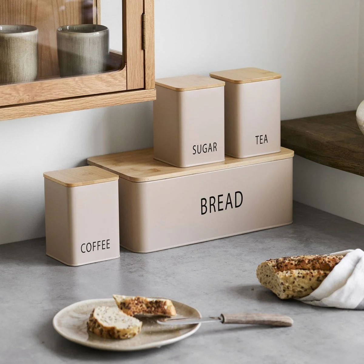 4-pk oppbevaringsbokser til kjøkken, beige