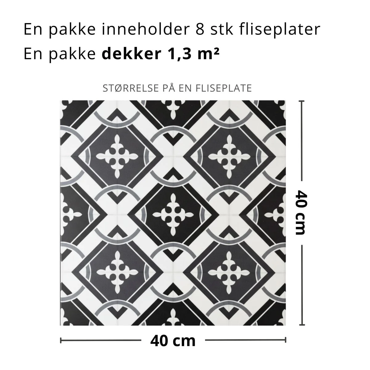8-pk Isadora selvklebende fliser sort hvit mønster 40 x 40 cm - Image 3