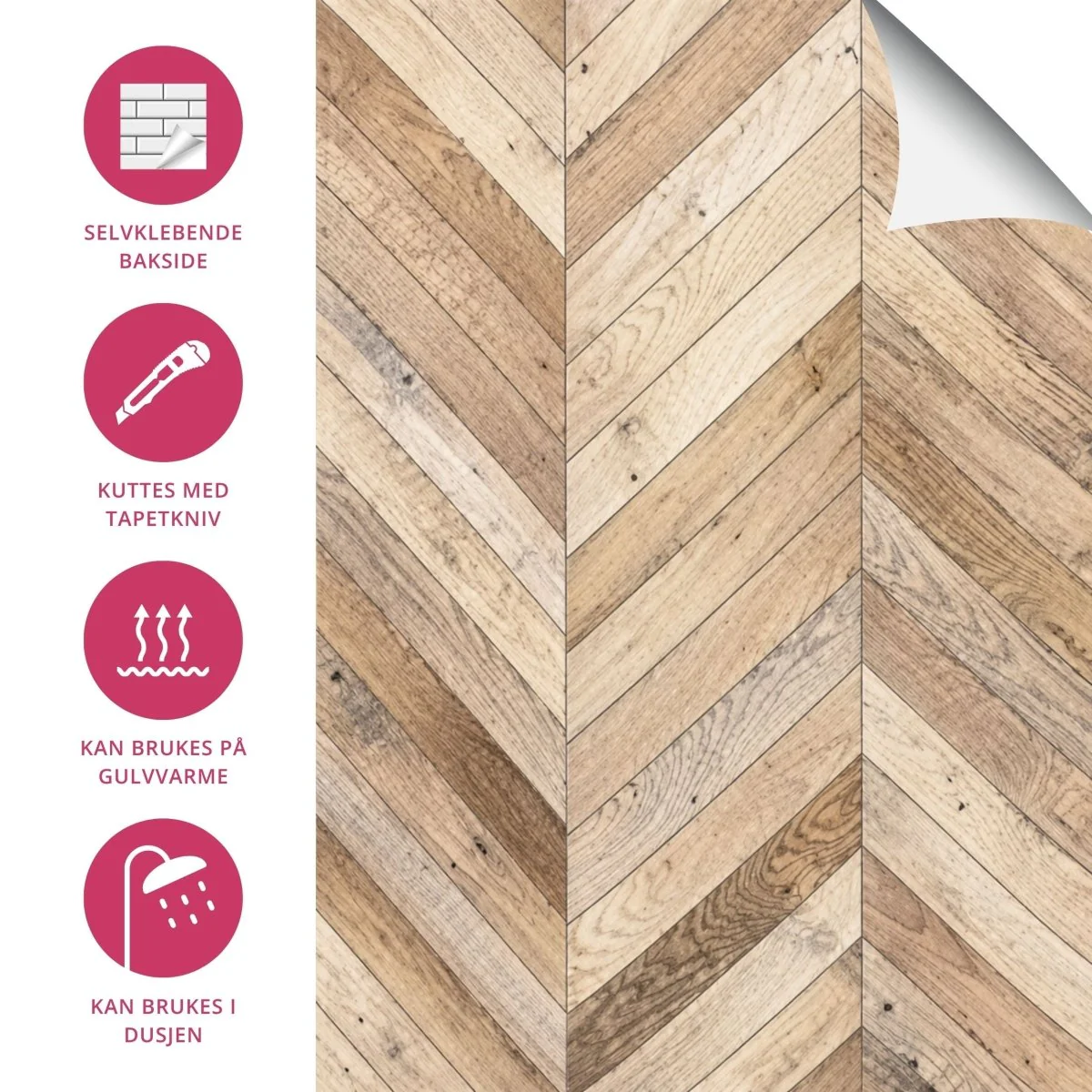8-pk Wooden Harmony selvklebende fliser lys eik fiskebein 40 x 40 cm - Image 2