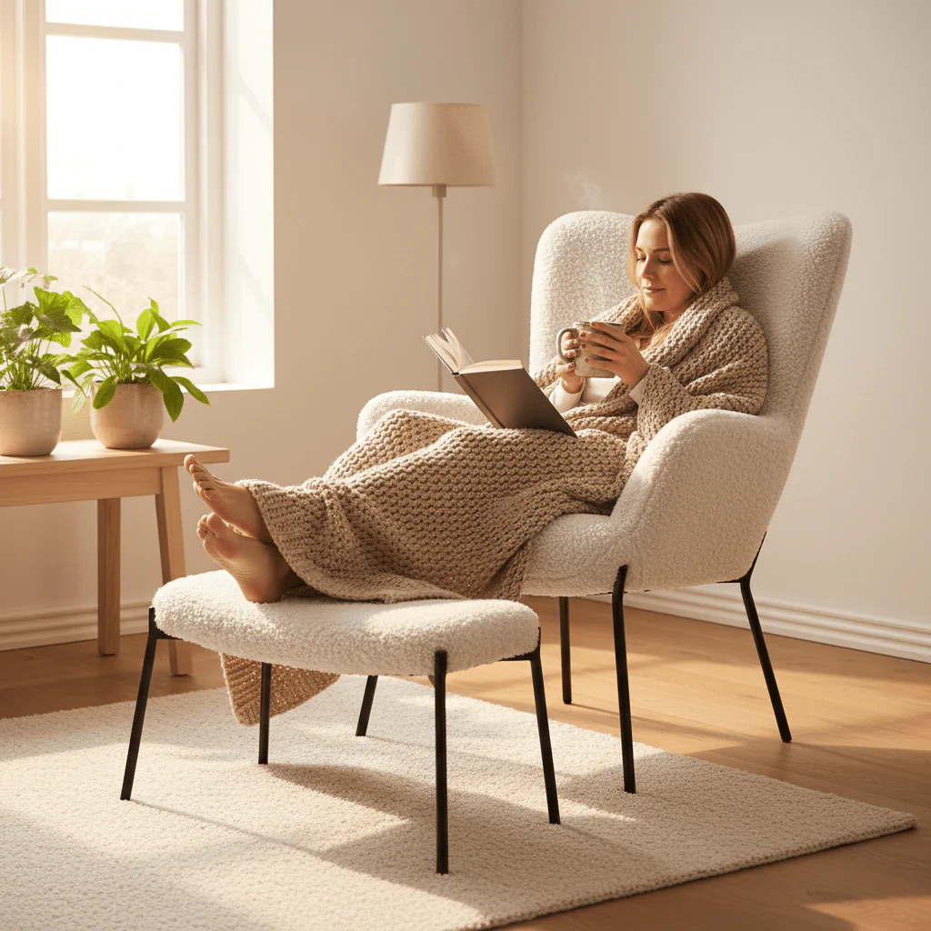 Glasglow sett lounge stol og puff hvit - Image 7