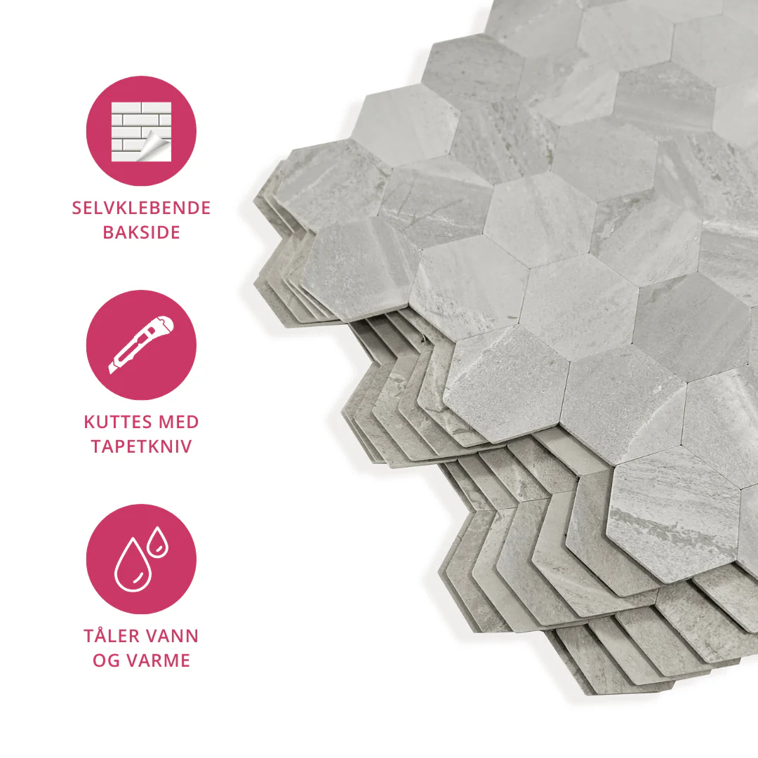 10-pk Hexagon lysegrå betong selvklebende veggfliser - Image 5