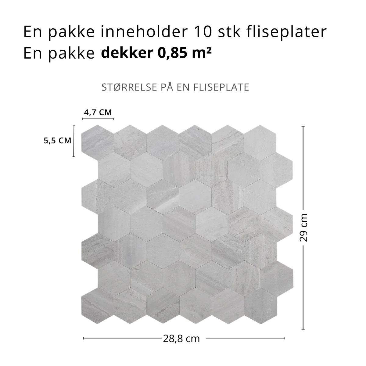 10-pk Hexagon lysegrå betong selvklebende veggfliser - Image 7