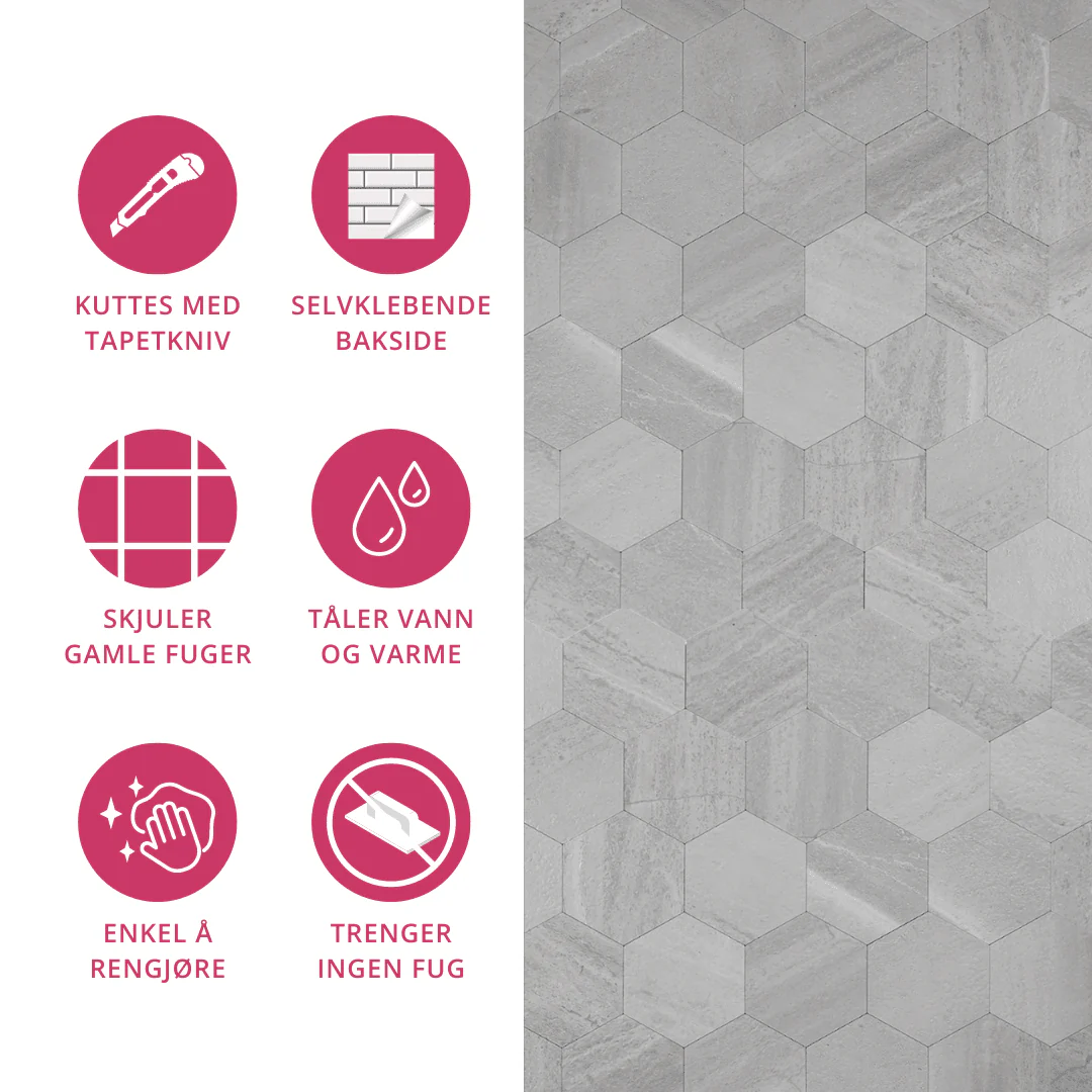 10-pk Hexagon lysegrå betong selvklebende veggfliser - Image 9