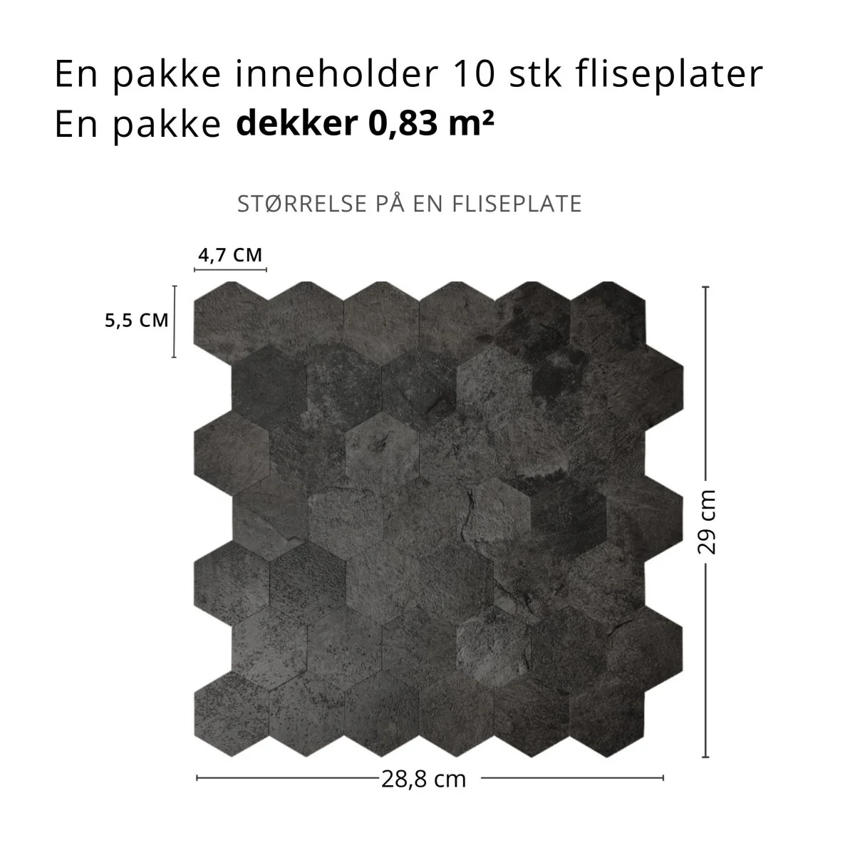 10-pk Hexagon mørkegrå betong selvklebende veggfliser - Image 6