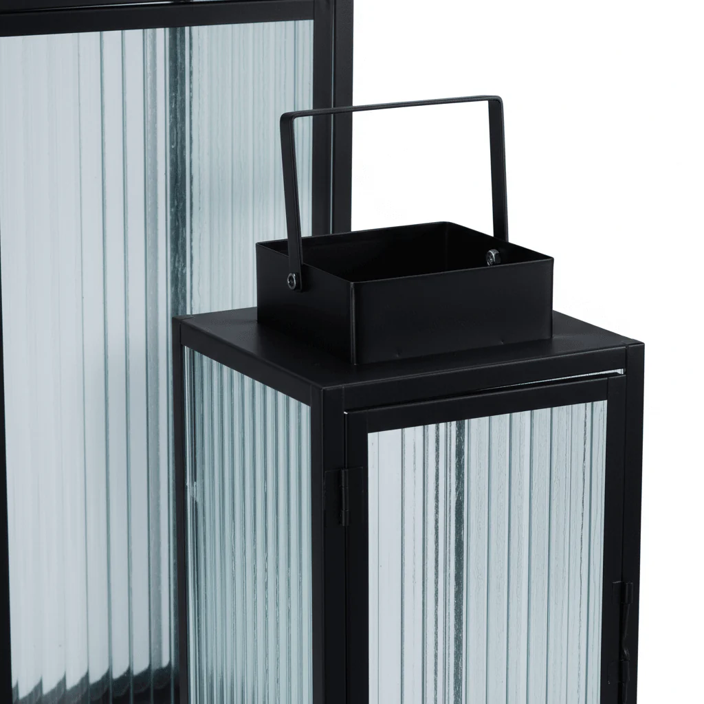 2-pk Lykt sort metall stripet glass - Image 3