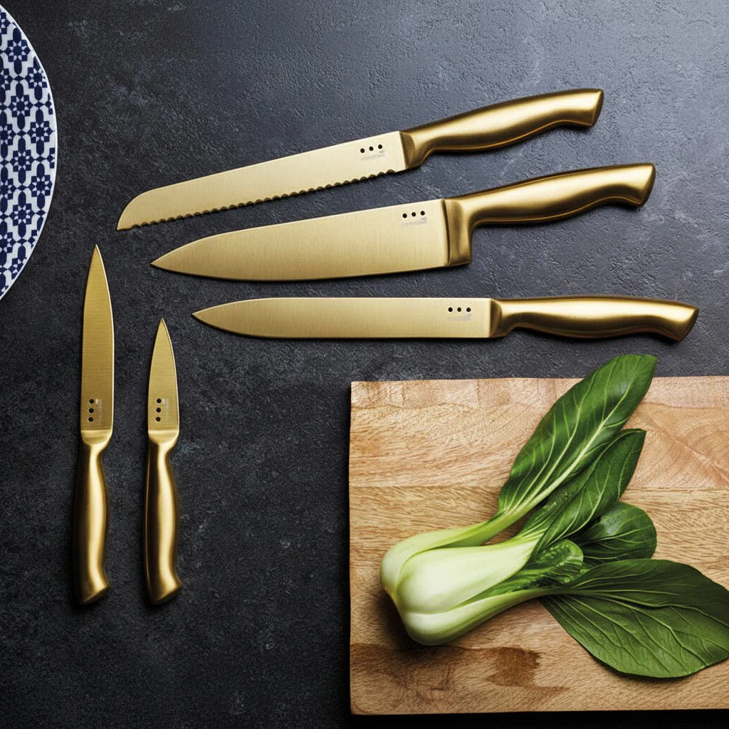 5-pk Knivsett med kniver og knivblokk i sort og messing - Image 2