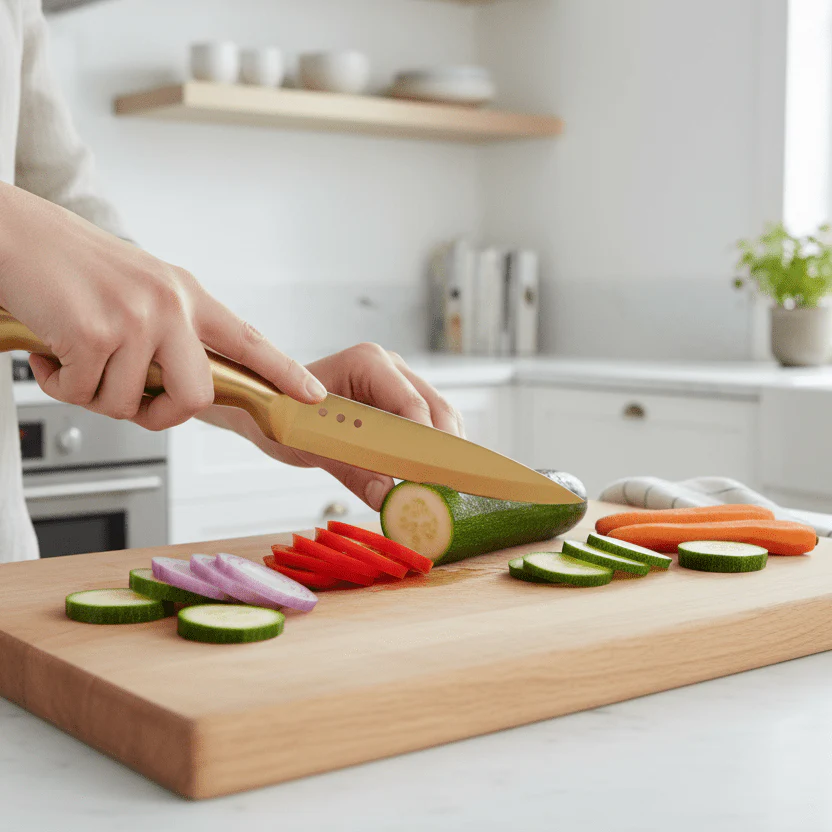 5-pk Knivsett med kniver og knivblokk i sort og messing - Image 5