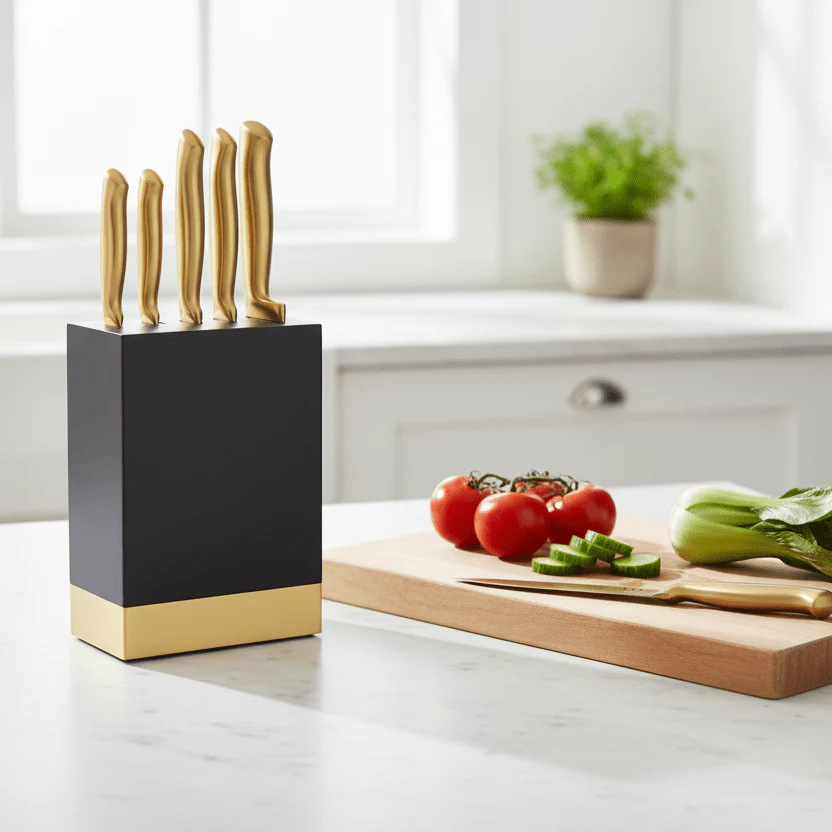 5-pk Knivsett med kniver og knivblokk i sort og messing - Image 6