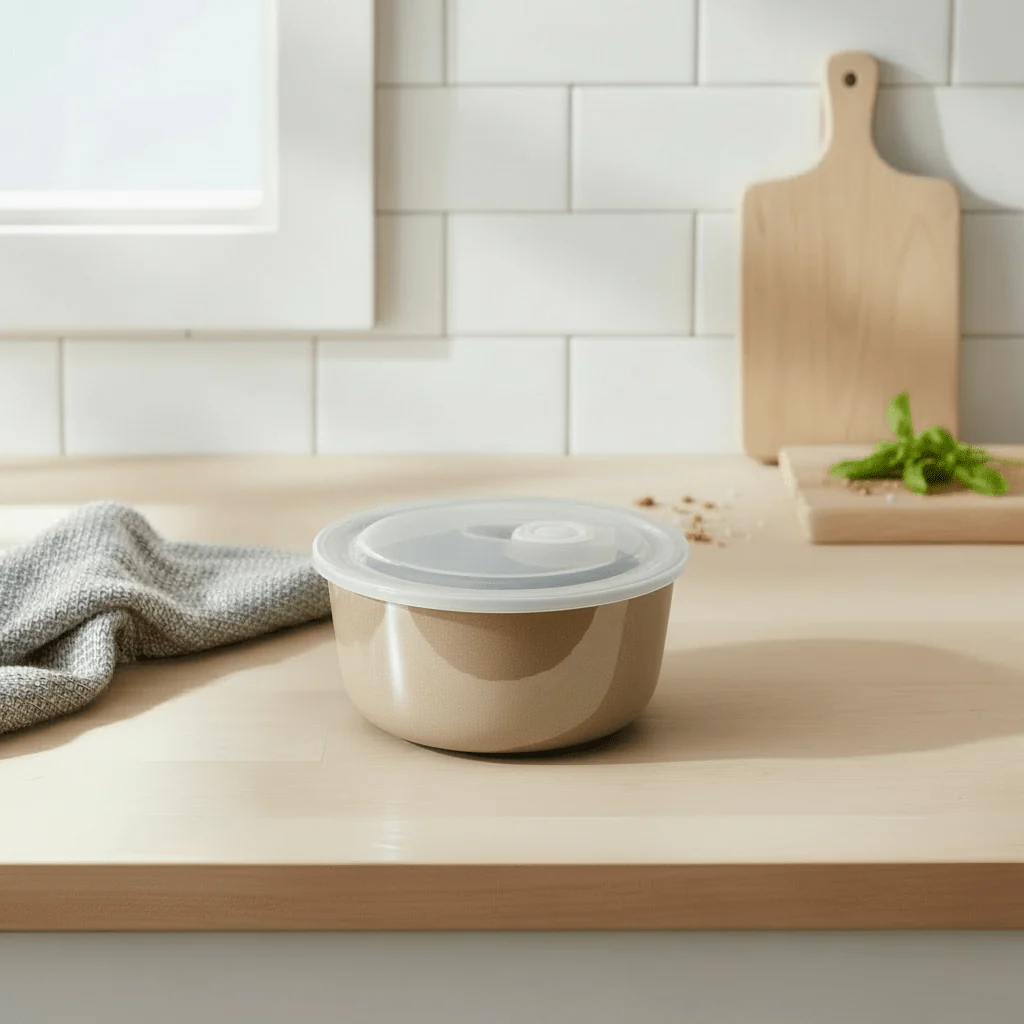 Porselenskål med lokk og ventil beige liten
