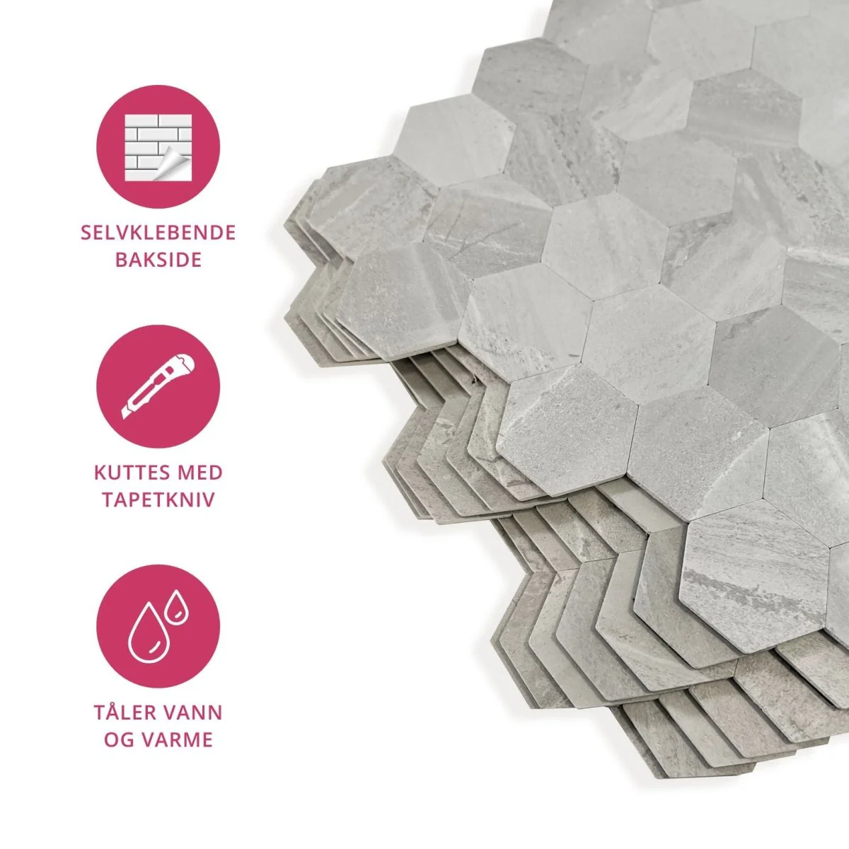Vareprøve: Hexagon lysegrå betong selvklebende veggfliser - Image 4