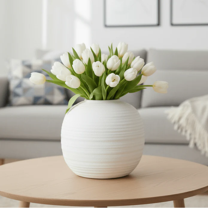 Stor rund vase keramisk hvit ø 30 cm